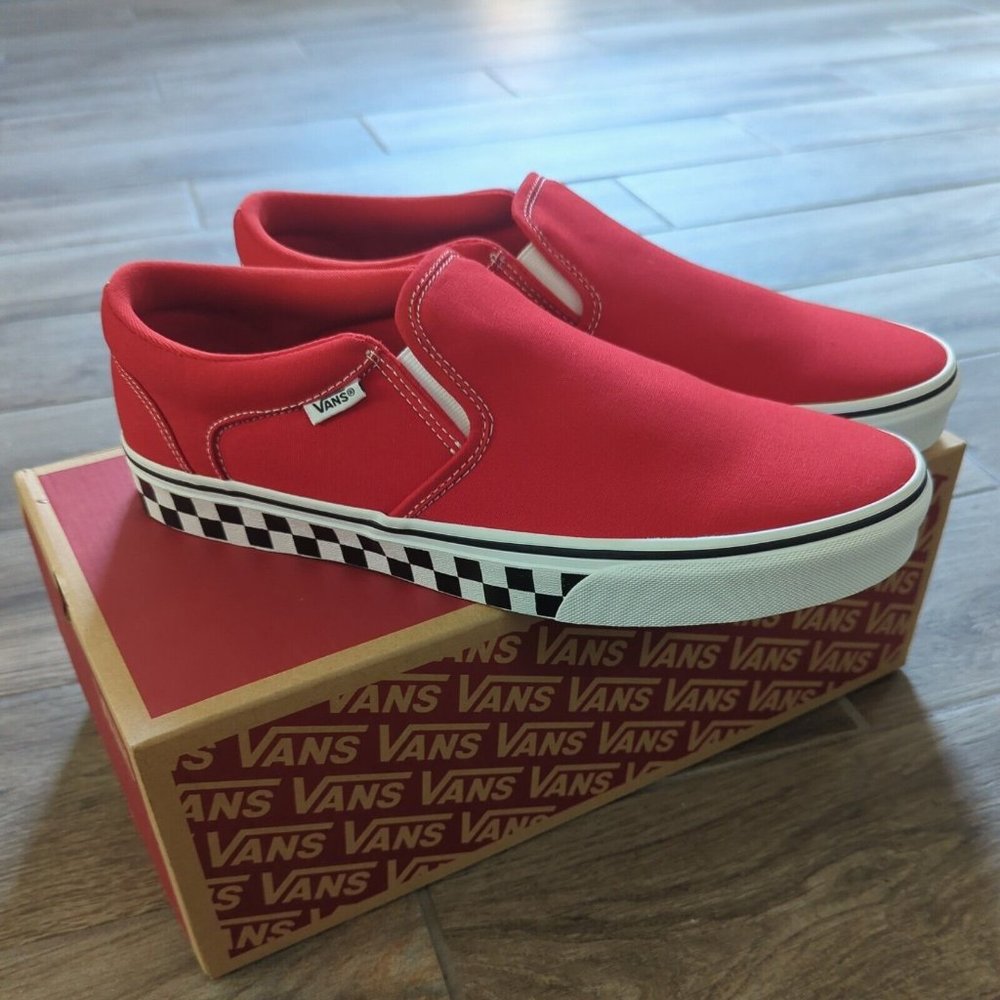 VANS Red ASHER SLIP ON Loafer Skater Shoe Checkered Sidewall Men's 11, 11.5, 13